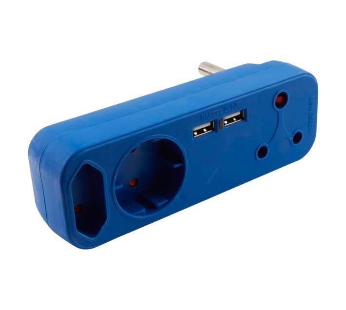 PowerWorx 5A Shucko and 2X 16A USB Euro Adaptors - Blue