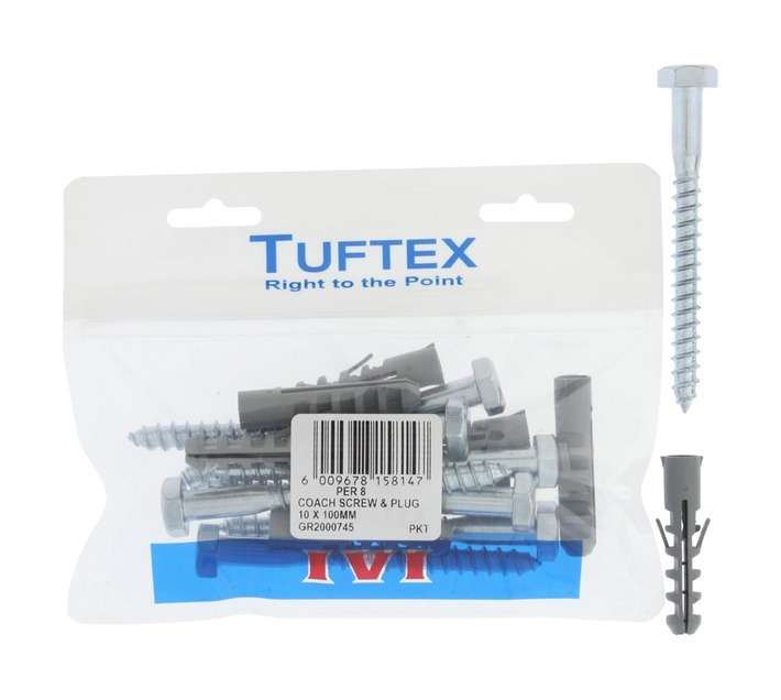Tuftex 8 x Coach Screw and Plugs (10 x 100mm)
