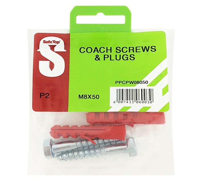Safe Top 2 x Coach Screws and Plugs (8 x 50mm)