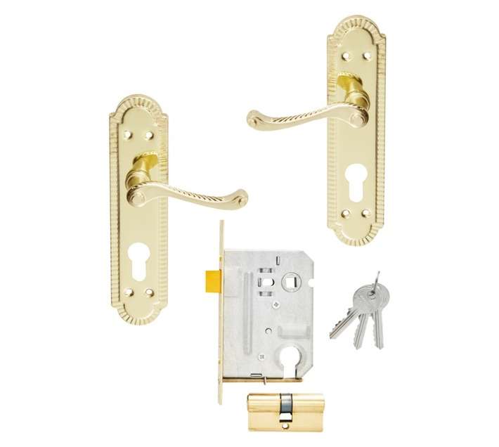 Mackie Georgian Handle Gable Plated Scroll Pressed Steel Profile Cylinder Brass Lock Set (250 x 1...