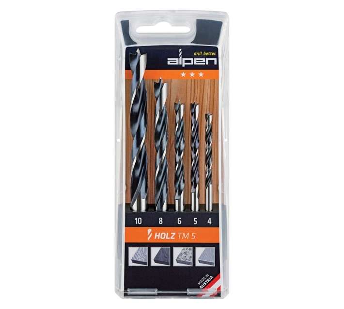 Alpen 5 Piece Wood Drill Bit Set 4-5-6-8-10