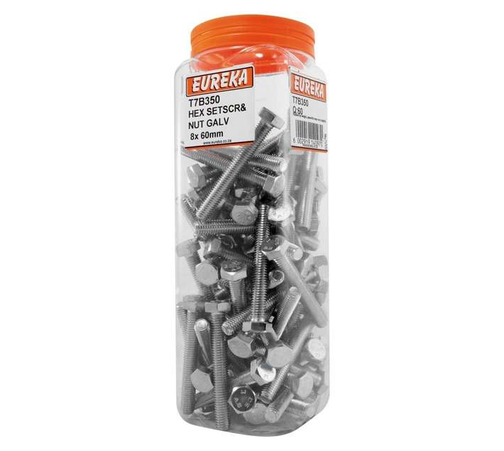 Eureka 8 x 60mm Galvanised Hex Set Screw and Nut (60 Pack)