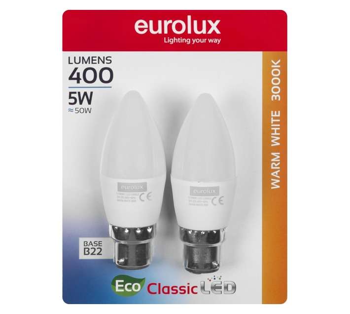 Eurolux 2 x B22 LED Candle Globe - Warm White (5W)