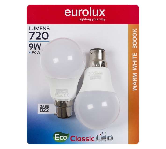 Eurolux 2 x B22 A60 LED Globe - Warm White (9W)