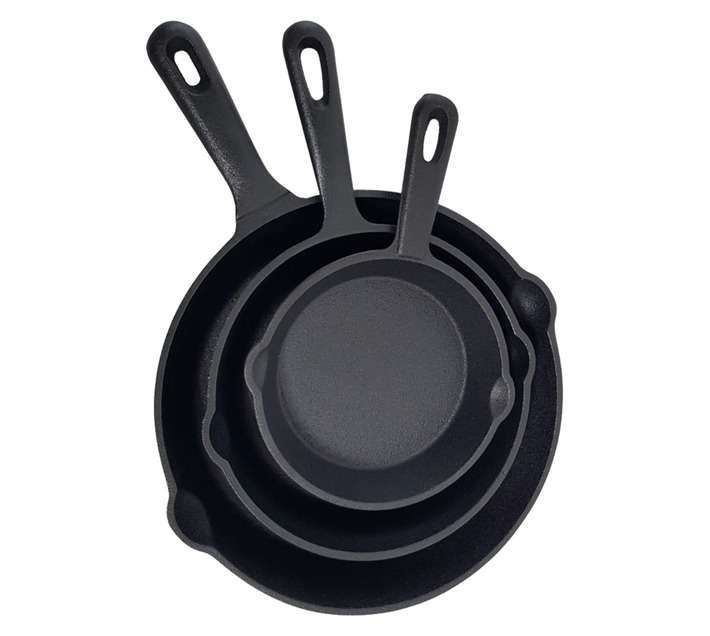 Lifespace 3 Piece Quality Cast Iron Skillet Pan Set - Matt Black