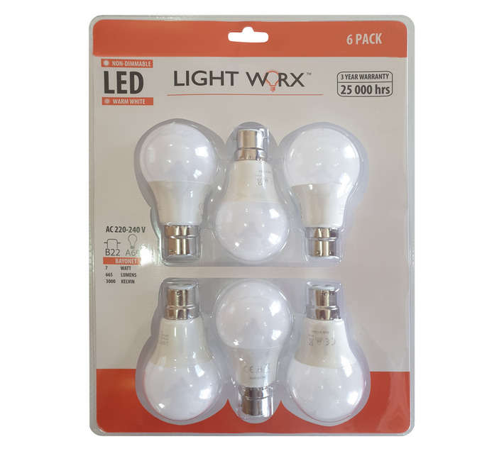Light Worx 6 x B22 LED Globes - Warm White (7W)
