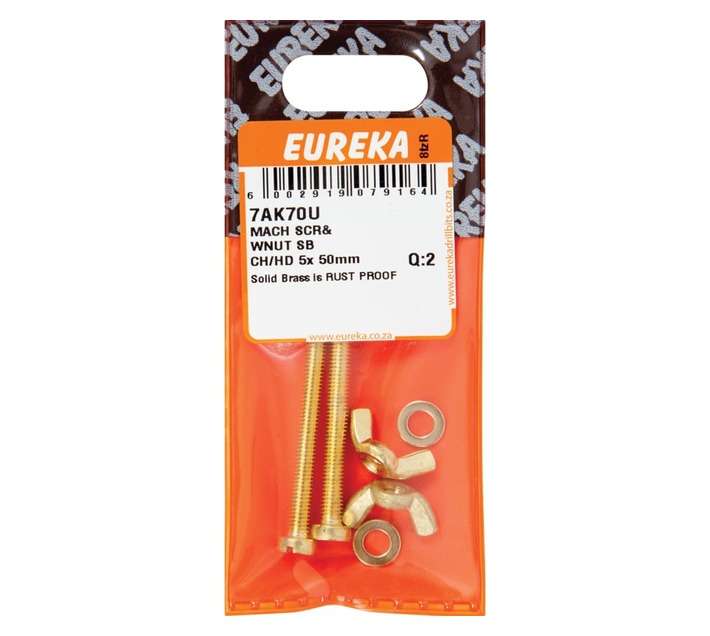 Eureka 2 x Solid Brass Machine Screw and Cheesehead Wingnut (5 x 50mm)