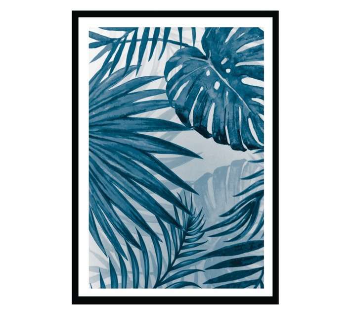 Amber Bay Modern Blue Leaf Framed Canvas Print - Blue (510 x 710mm)