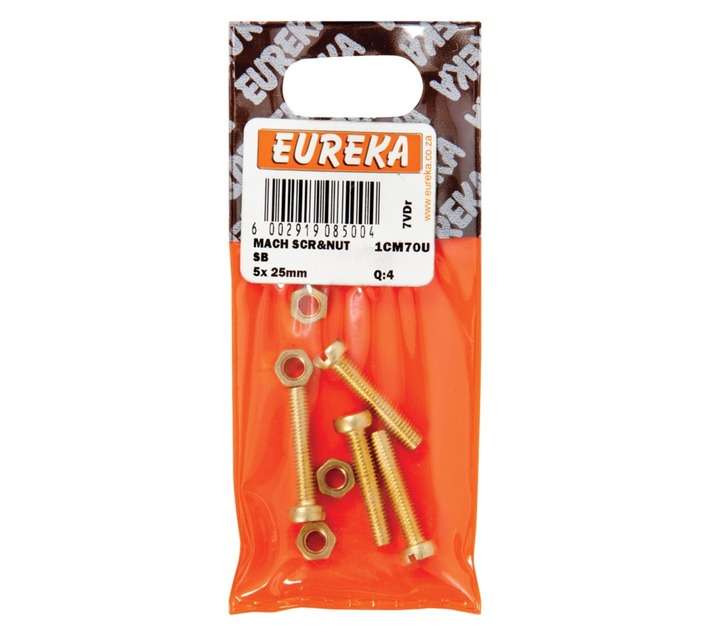 Eureka 4 x Machine Screws and Nuts - Solid Brass (5 x 25mm)