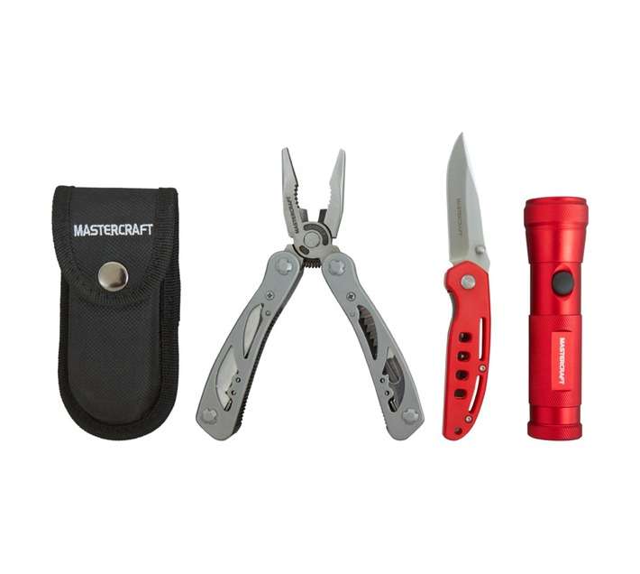 Mastercraft Multi Tool Flashlight and Knife Set - Black/Red