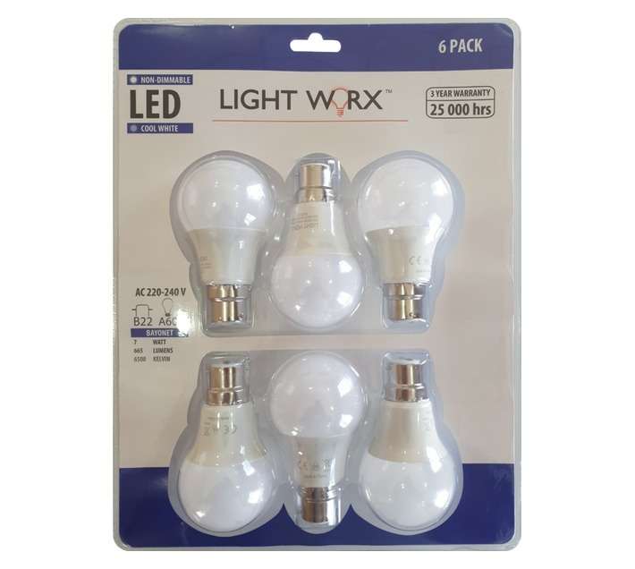 Light Worx 6 x B22 LED Globes - Cool White (7W)