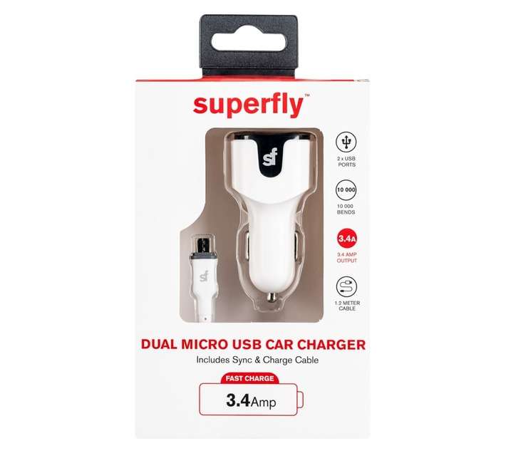 Superfly 3.4A Dual USB Car Charger with Micro USB Cable - White