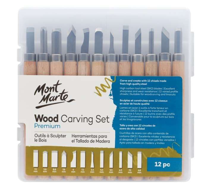 Mont Marte 12 Piece Wood Carving Tool Set - Brown/Silver