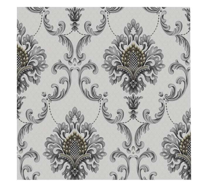 Fired Earth Opal Damask Wallpaper - Black/White (10m x 530mm)