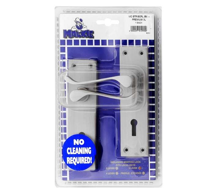 Mackie 3 Lever Lockset Straight Plate/Scroll Handle Satin Nickle