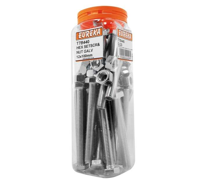 Eureka 12 x 100mm Galvanised Hex Set Screw and Nut (20 Pack)