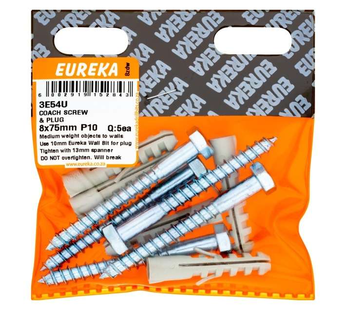 Eureka 5 x Coach Screw and Plugs (8 x 75 x 8mm)