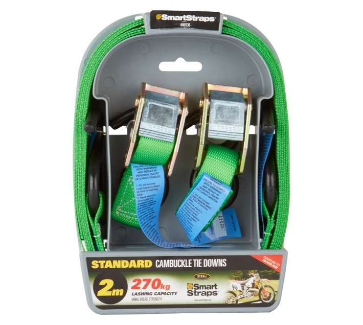 Smart Straps 2 x 270kg Lashing Capacity Cambuckle Tie Downs - Green (2000mm)