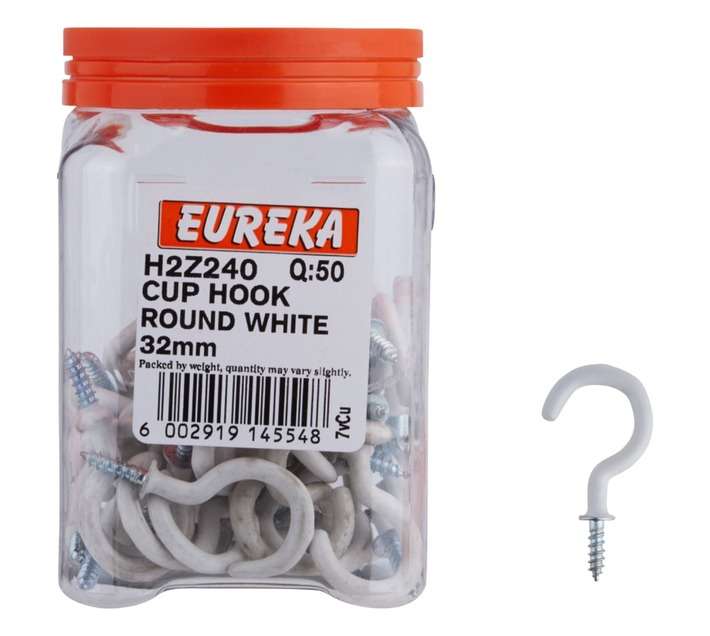 Eureka 50 x Round Cup Hooks - White (32mm)
