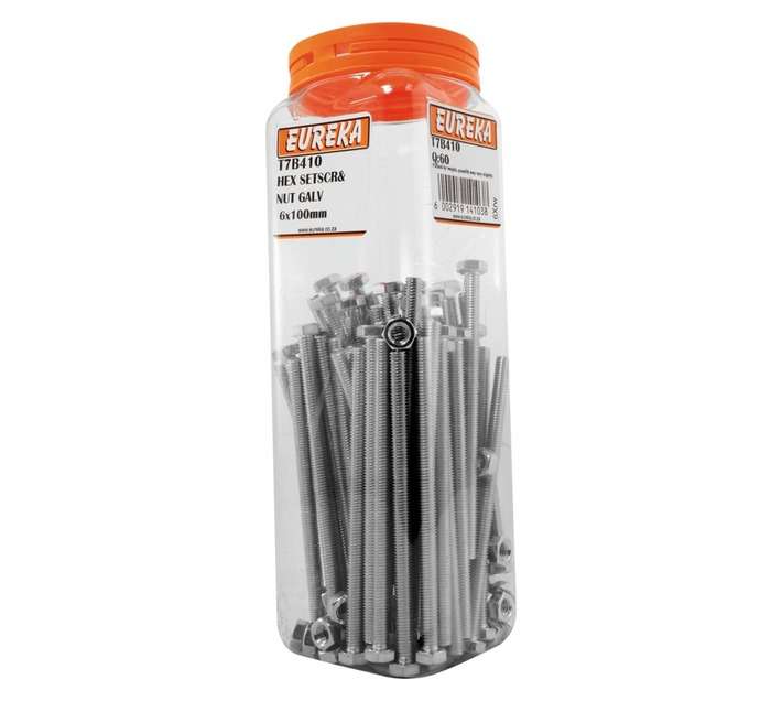 Eureka 6 x 100mm Galvanised Hex Set Screw and Nut (60 Pack)