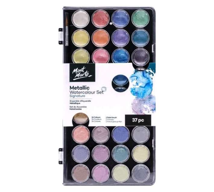 Mont Marte 37 Piece Metallic Water Colour Cake Paint Set - Assorted