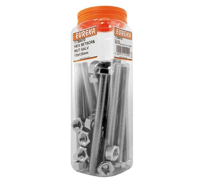 Eureka 12 x 125mm Galvanised Hex Set Screw and Nut (15 Pack)