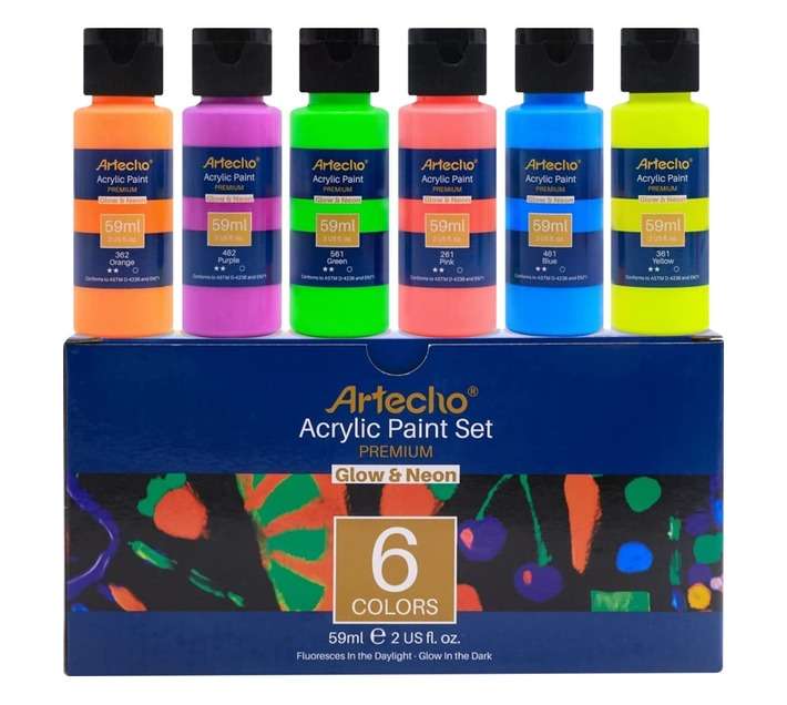 Artecho Glow in the Dark Paint - Set of 6 Colours (60ml)