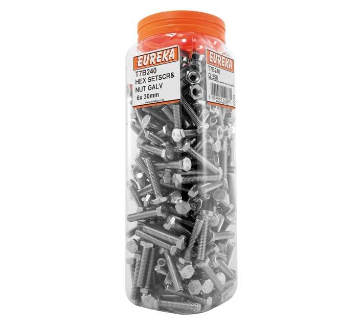 Eureka 6 x 30mm Galvanised Hex Set Screw and Nut (250 Pack)