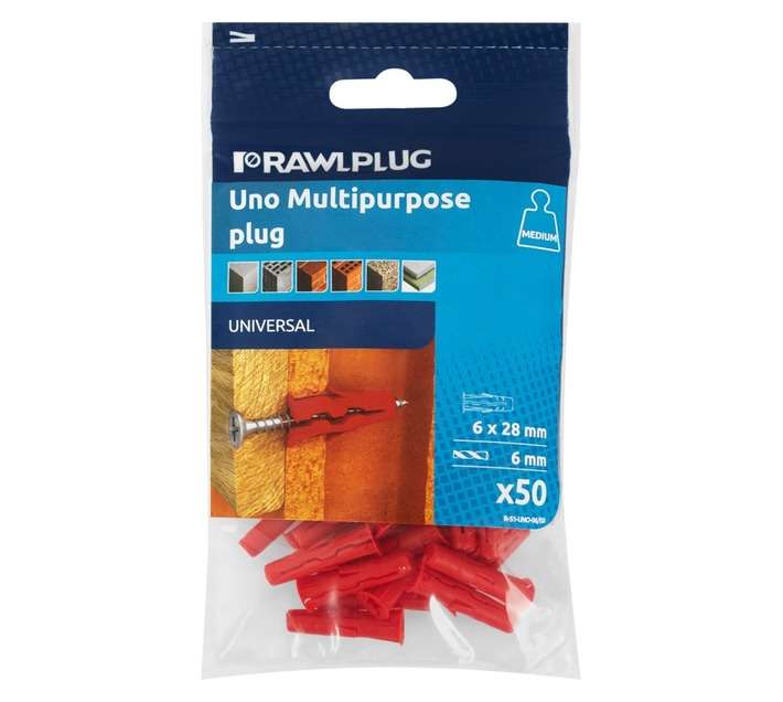 Rawlplug 50 x Universal Uno Plugs - White (6 x 28mm)