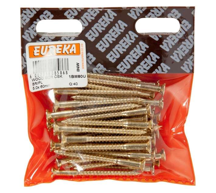Eureka 40 x Countersunk Wood Screws - Brass Plated (5 x 60mm)