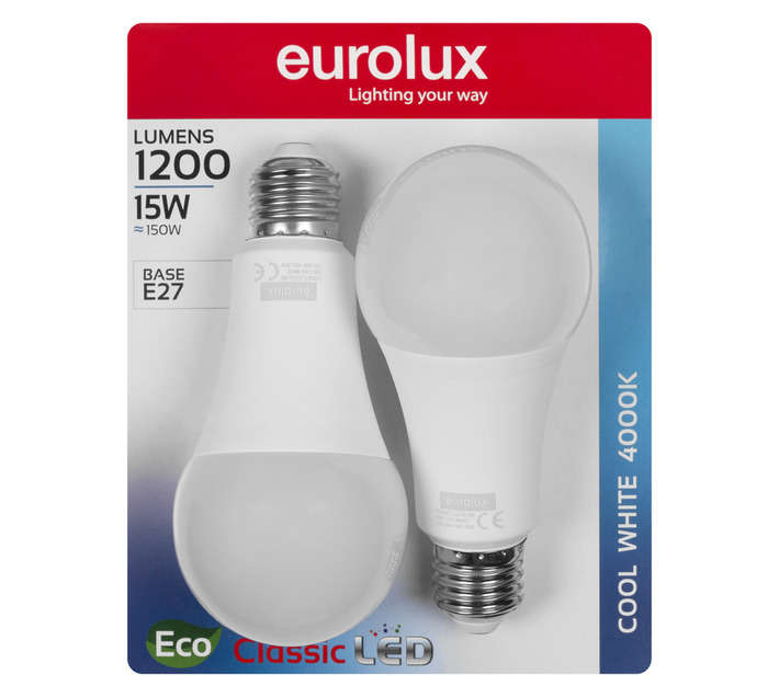 Eurolux 2 x E27 A65 LED Globe - Cool White (15W)