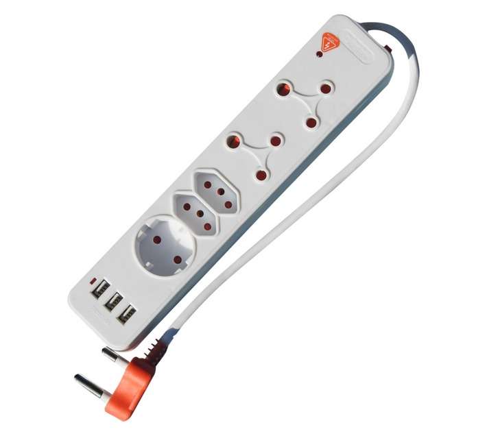 PowerWorx 5-Way New Standard Multi-Plug with 3 x USB Inputs - White