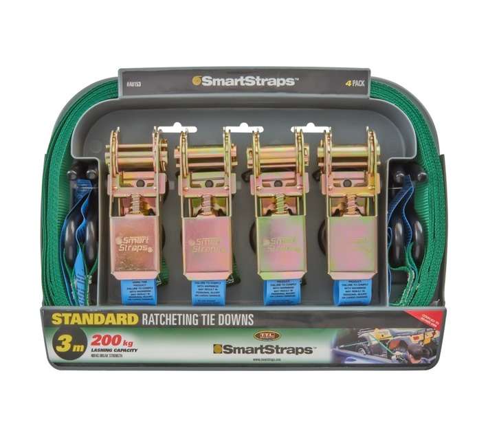 Smart Straps 4 x 200kg Lashing Capacity Ratchet Tie Down - Green (3000mm)
