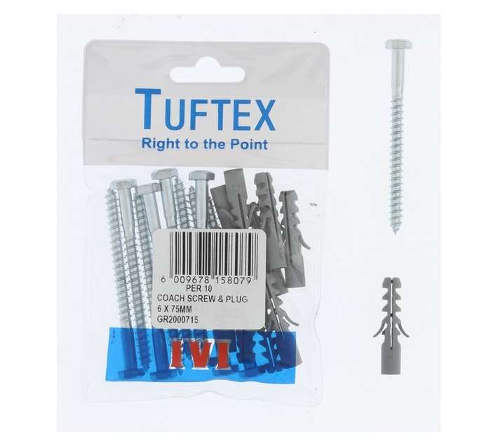 Tuftex 10 x Coach Screw and Plugs (6 x 75mm)