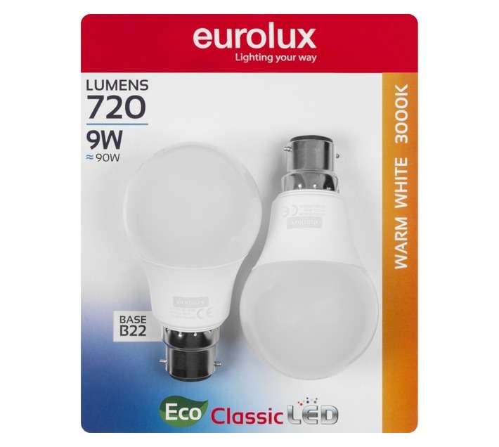 Eurolux 2 x E27 A60 LED Globe - Warm White (9W)