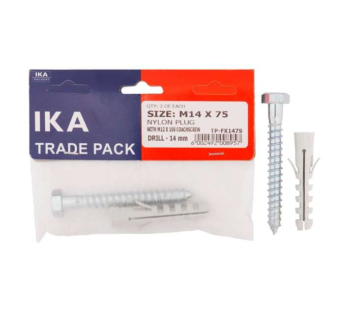 IKA Nylon Plug M14 x 70mm with Coach Screw 12 x 100mm TP (2 Pack)