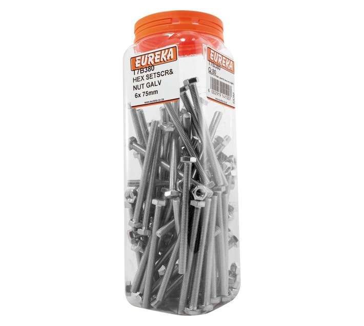 Eureka 6 x 75mm Galvanised Hex Set Screw and Nut (80 Pack)