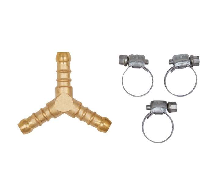 Safegas Y Gas Hose Connector and 3 Clamps - Brass Yellow