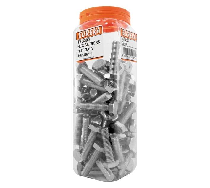 Eureka 10 x 40mm Galvanised Hex Set Screw and Nut (50 Pack)