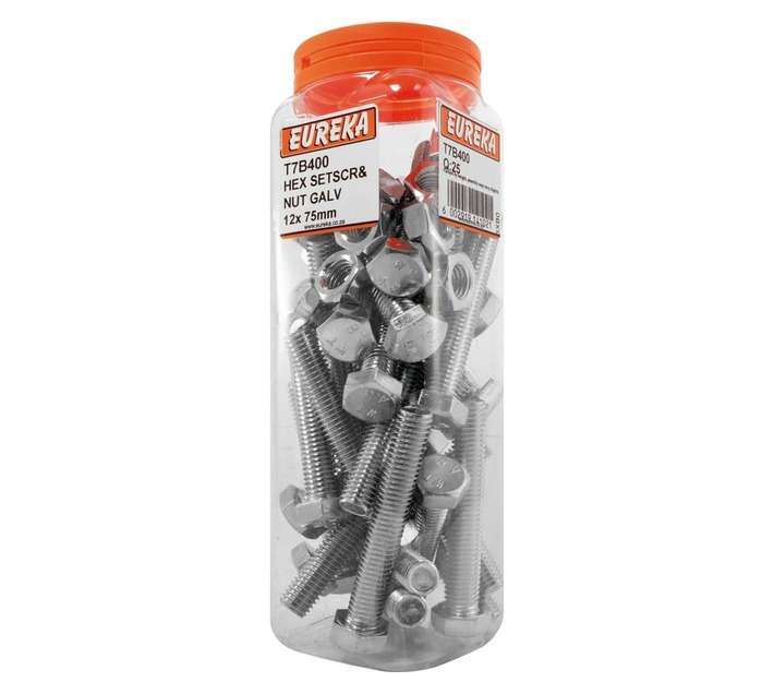 Eureka 12 x 75mm Galvanised Hex Set Screw and Nut (25 Pack)