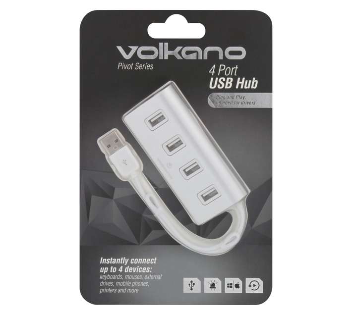 Volkano 4 Port USB Hub Cable - Silver