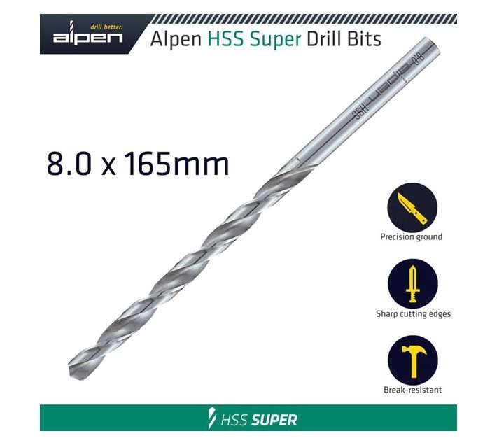 Alpen 10 x HSS Long Drill Bit (165 x 8mm)