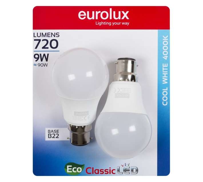 Eurolux 2 x B22 A60 LED Globe - Cool White (9W)