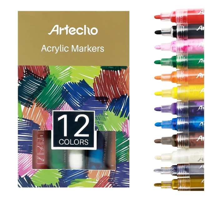 Artecho Water Based Acrylic Marker - Set of 12 Colours - 3mm Line Width - Assorted