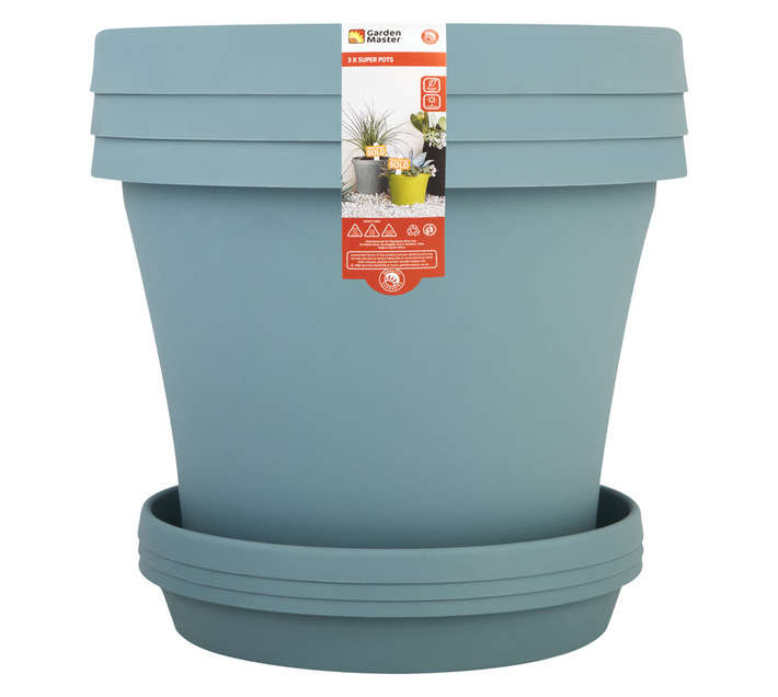 Garden Master 3 x Super Pots and Saucers - Powder Blue (300mm)