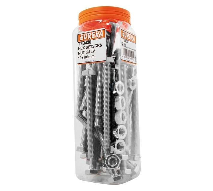 Eureka 10 x 100mm Galvanised Hex Set Screw and Nut (30 Pack)