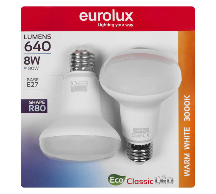 Eurolux 2 x E27 LED R80 Reflector Globe - Warm White (8W)