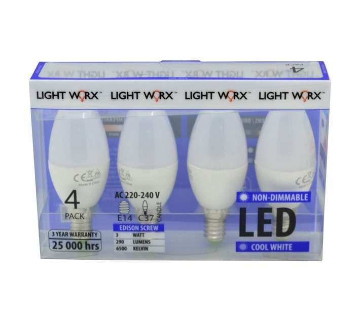 Lightworx 4 x LED E14 Candle Bulbs - Cool White (3w)
