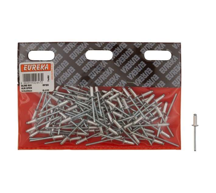 Eureka 100 x Aluminium Open Blind Rivets (4 x 10mm)