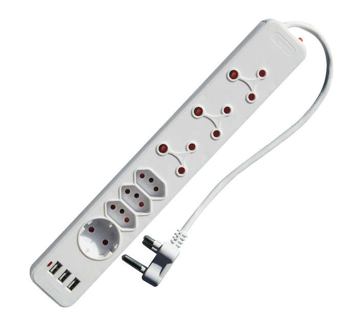 PowerWorx 7-Way New Standard Core Multi-Plug with 3 x USB Inputs - White
